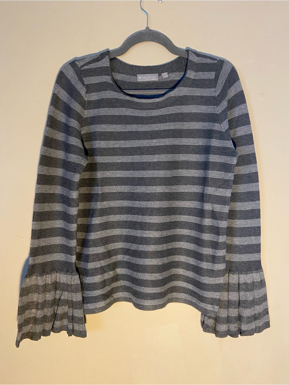Evolution by Cyrus Gray Striped Bell-Sleeve Knit Top